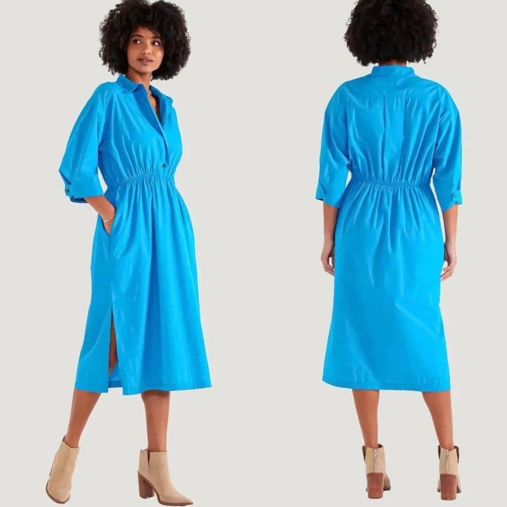 Etica 100% Organic Cotton Poplin Tina Midi Shirt Dress Blue Small